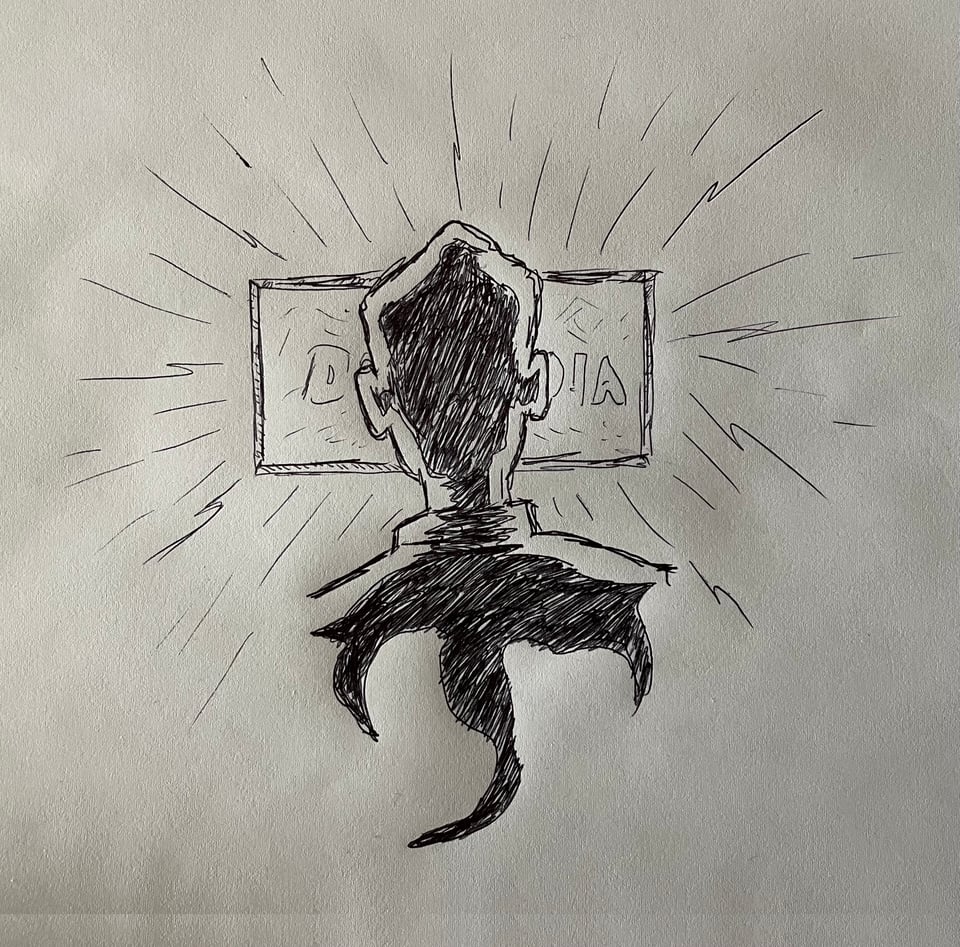 A rough sketch of a stylized human figure watching a horror movie as the TV bursts with energy