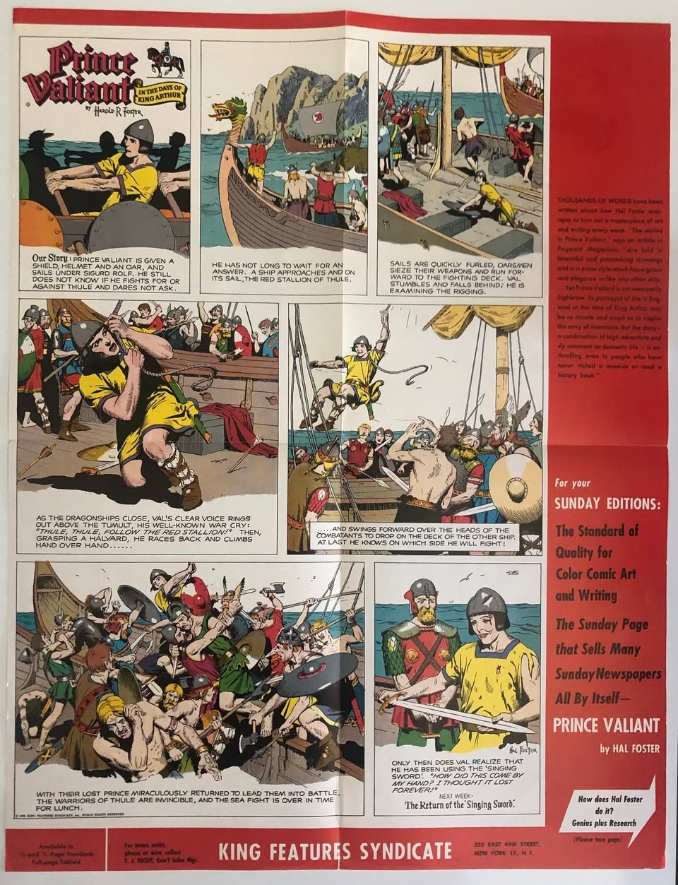 Prince Valiant promotional brochure page showing a Sunday example of the comic. The strip shows Valiant rowing on a ship, then engaged in ship-to-ship battle.