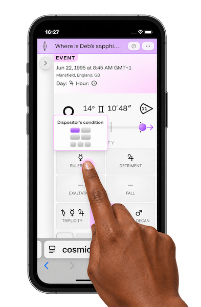 A mobile version of Cosmic Plumbing showing details of Venus whose ruler is Mercury. A finger is pressing and holding on Mercury and shows a pop-up of the condition of Venus's dispositor, showing Mercury is in rulership.