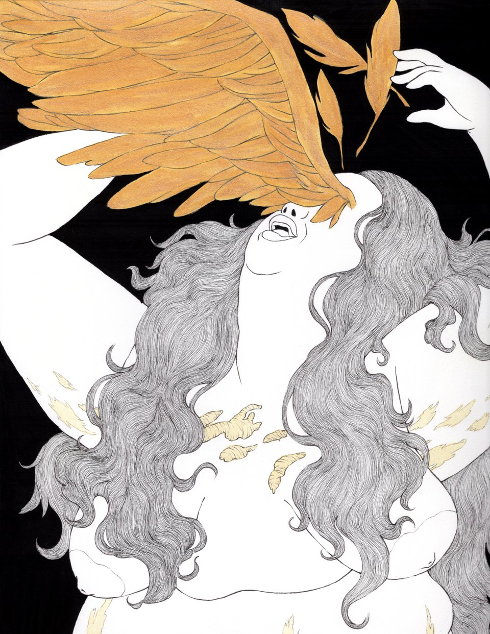 An inked and painted illustration of a fat, white goddess with long, flowing hair and keloid scarring all over their body. Their face and bdy contort in rage and pain as massive golden feathers sprout from their eyes.