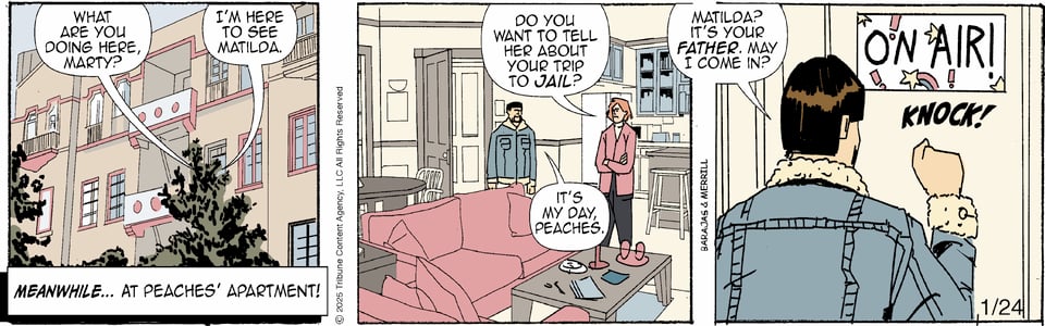 Comic book art. pink and beige colors. man and woman standing in the apartment living room.