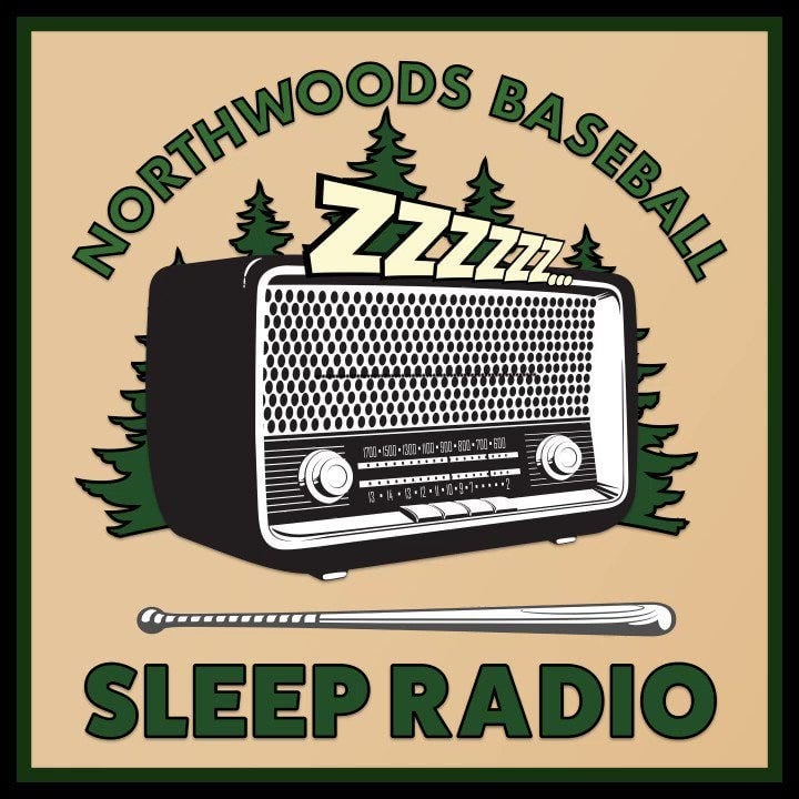 The Northwoods Baseball Radio Network logo with an old school radio in front of spruce trees, a baseball bat beneath the radio and the title split above and below the image.