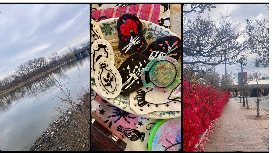 a photo grid with three pictures. L-R: a gray riverbank with leafless trees; a tray of assorted embroidered, magic-themed patches; a sidewalk with one hedge of bright red leaves.