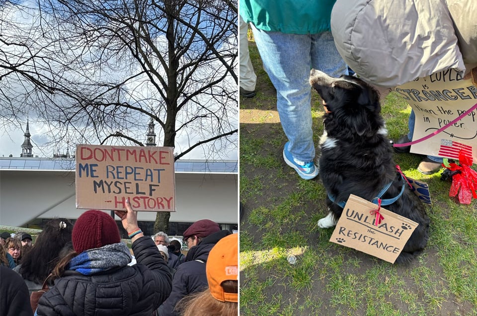 Two photos side by side. Left hand photo is of a woman holding up a sign "Don't make me repeat myself - history". Right hand photo is of a dog with a sign that says "Unleash the Resistance"