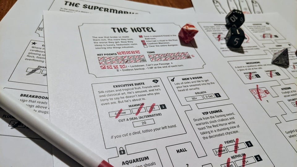 A photograph of several pages out of Two-Hand Path. The page in view reads 'The Hotel' and is built out of several connected boxes that represent rooms. Markings in red pen and marker show how someone played the game. A room named Executive Suite is in focus. It reads: Silk robes and tropical fruit. French wine and classical art. He's amused, and he's sorry to say he doesn't know who you even are. But he's about to. And below that text are bolded 'Mammon' and 'Cut a Deal (Alternative)' and several icons. In italics at the bottom of the room it reads: 'If you cut a deal, tattoo your left hand.'