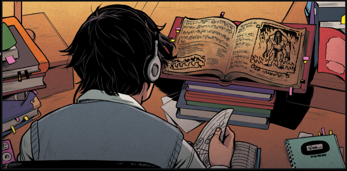 A comic book panel of a man viewed from behind with headphones on reading from a book and taking notes.