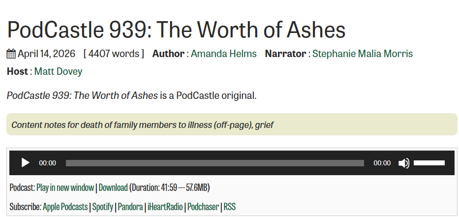 Screenshot of the podcast player bar for PodCastle 939: The Worth of Ashes