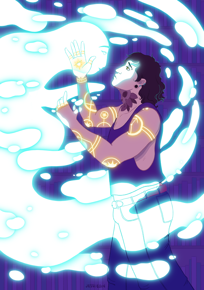 An illustration inside a dark library of a man with tan skin, wavy brown hair, and glowing gold tattoos on his arms looking up and trying to caress the cheek of a glowing blue ghost who looks down yearningly at the man.