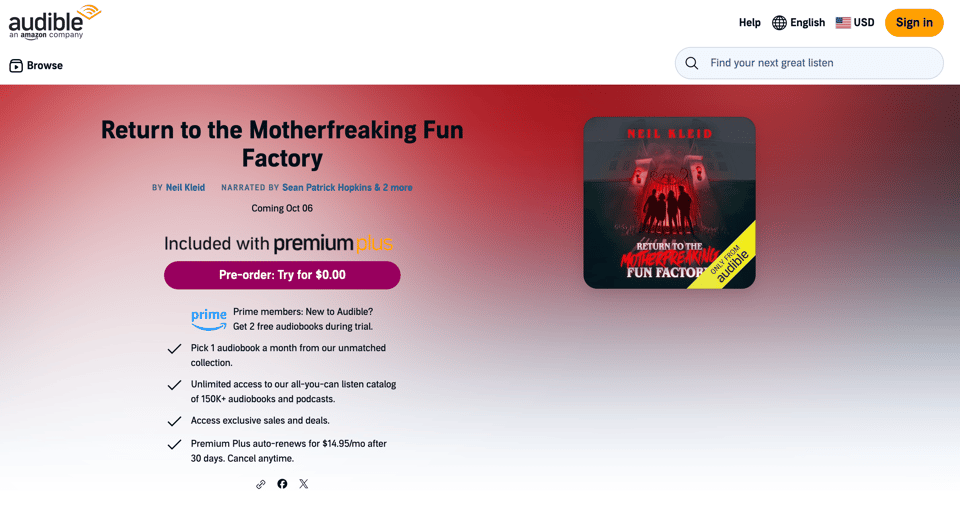 a screenshot from audible.com for the audiobook version of Return to the Motherfreaking Fun Factory By Neil Kleid and Narrated by Sean Patrick Hopkins