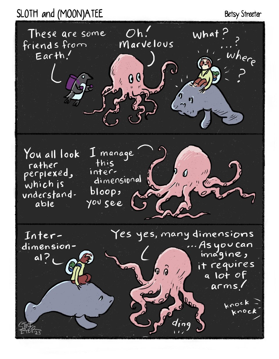 Cartoon of Sloth and Manatee talking to a space octopus