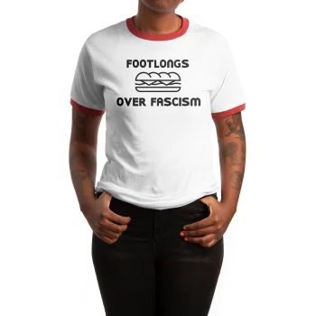 Picture of the Footlongs over Fascism tishrt on a tattooed model. It's torso shot only, you don't see their face.