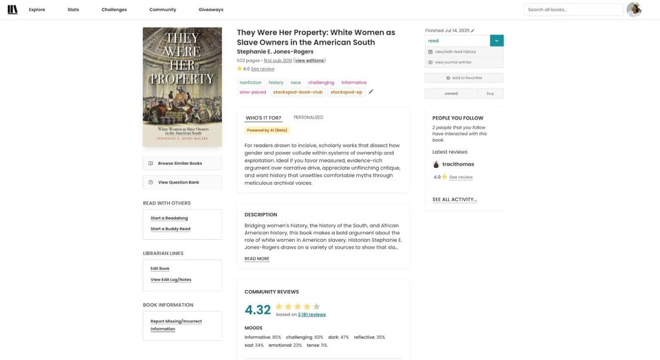 Screenshot of a book detail page for They Were Her Property where the layout has been rearranged into two primary columns instead of three. The left column contains the book cover and action-related boxes including “Browse Similar Books,” “View Question Bank,” and “Start a Readalong.” The right column contains reading status, description, and community reviews.