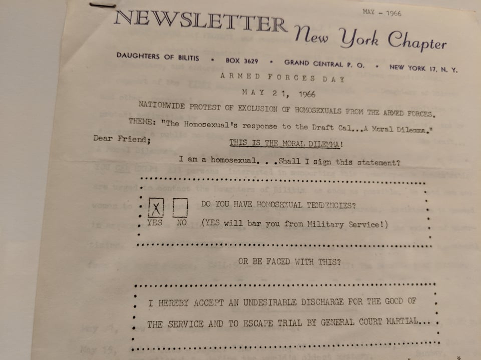 A flier for lesbian organization the Daughters of Bilitis in 1966, which talks about gays being banned from military service