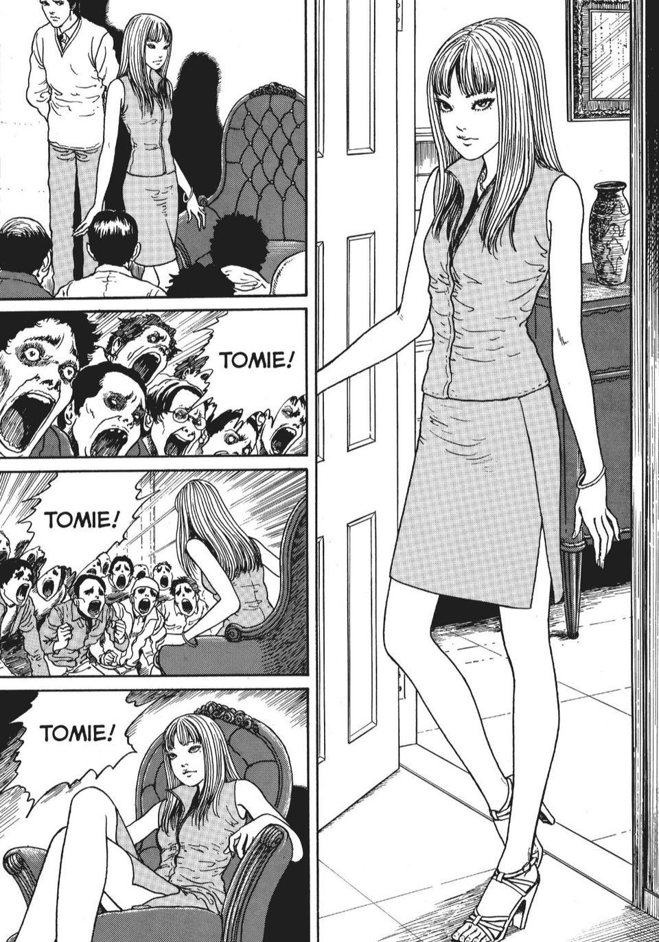 Tomie confidently entering a room of lovesick devotees