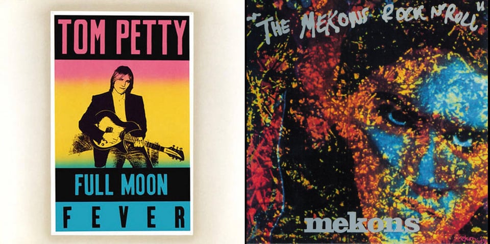 First pic: A photo of Tom Petty, a skinny white guy with a long narrow face, playing a guitar. He has an odd look on his face; he may be biting his lip? The photo is tinted rainbow style, going from red at the top to yellow (which covers most of Petty's body), to blue at the bottom. Second pic: So this appears to be a drawing or painting of a white man with dark hair and an intense stare -- it's possible it's supposed to be Elvis Presley. But it is radically obscured by an overlay of colors and patterns. The patterns suggest trees and/or leaves, with various color filters (orange, blue, red) applied.