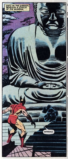 Figure C. Mask on, reverse angle. Page 12, panel 1. Wolverine in front of a giant buddha where mariko is weeping. We can clearly see that the skullcap sticks to his head.