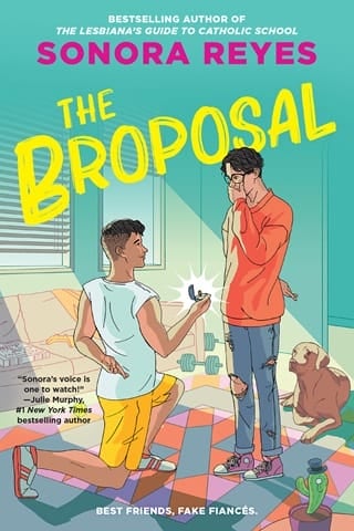 The cover of The Broposal, featuring one man proposing to another, both with their fingers crossed behind their backs