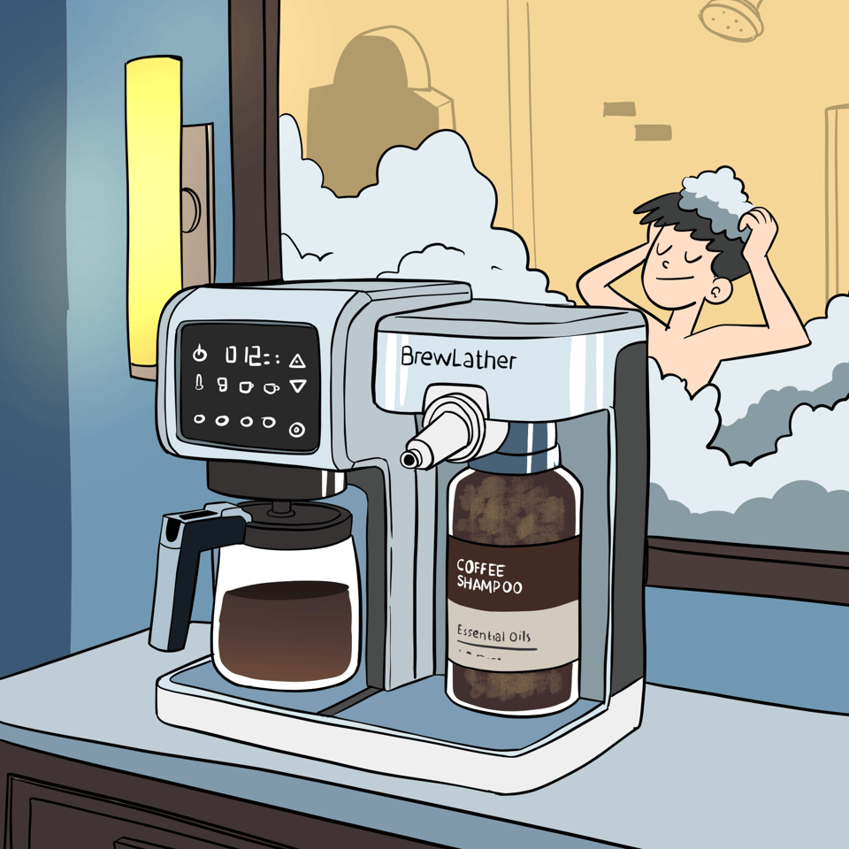 A man is enjoying a very foamy bath. In front of him is a combination coffee pot and coffee shampoo dispenser called BrewLather.