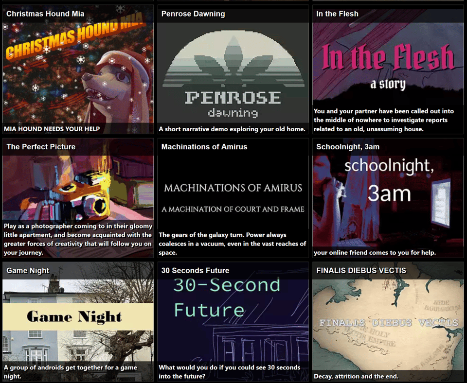 Screenshot of narrat.games showing a grid of game thumbnails