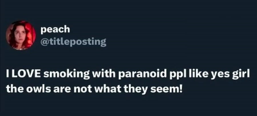 Twitter screenshot. @titleposting
I LOVE smoking with paranoid ppl like yes girl the owls are not what they seem!