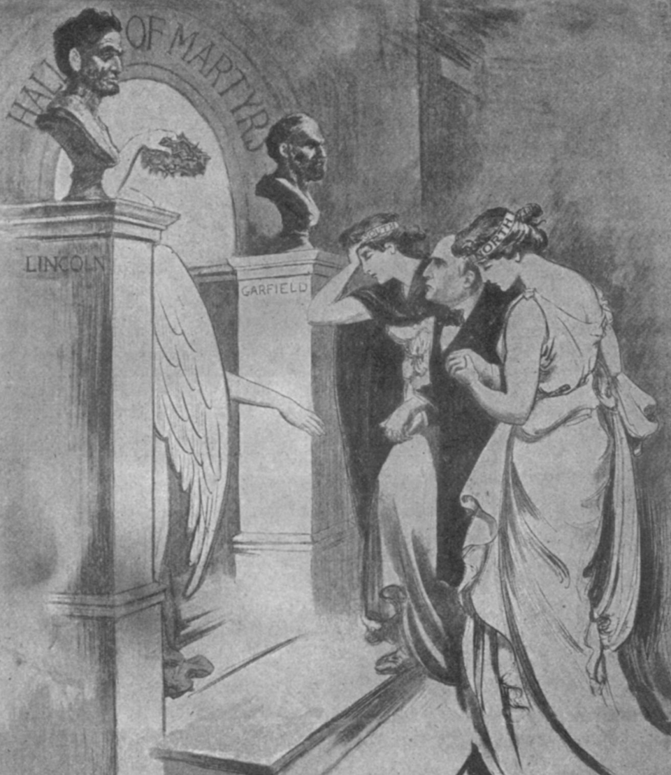 Engraving shows two angels leading a wounded McKinley up into a "Hall of Martyrs" between two busts of Presidents Lincoln and Garfield