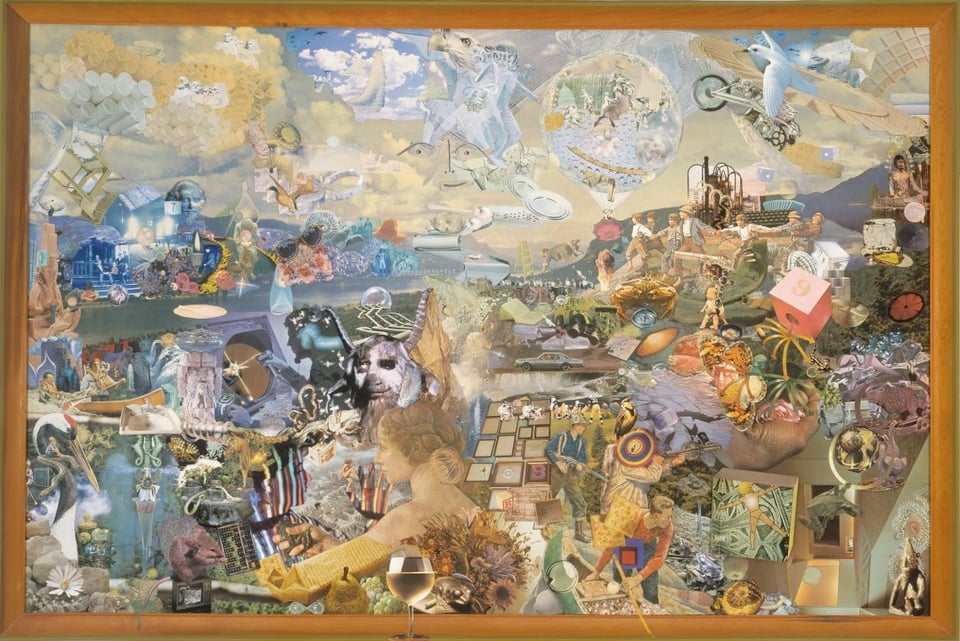 a chaotic, whimsical collage with thousands of different objects, people, and animals, arranged overall into a kind of mountain landscape