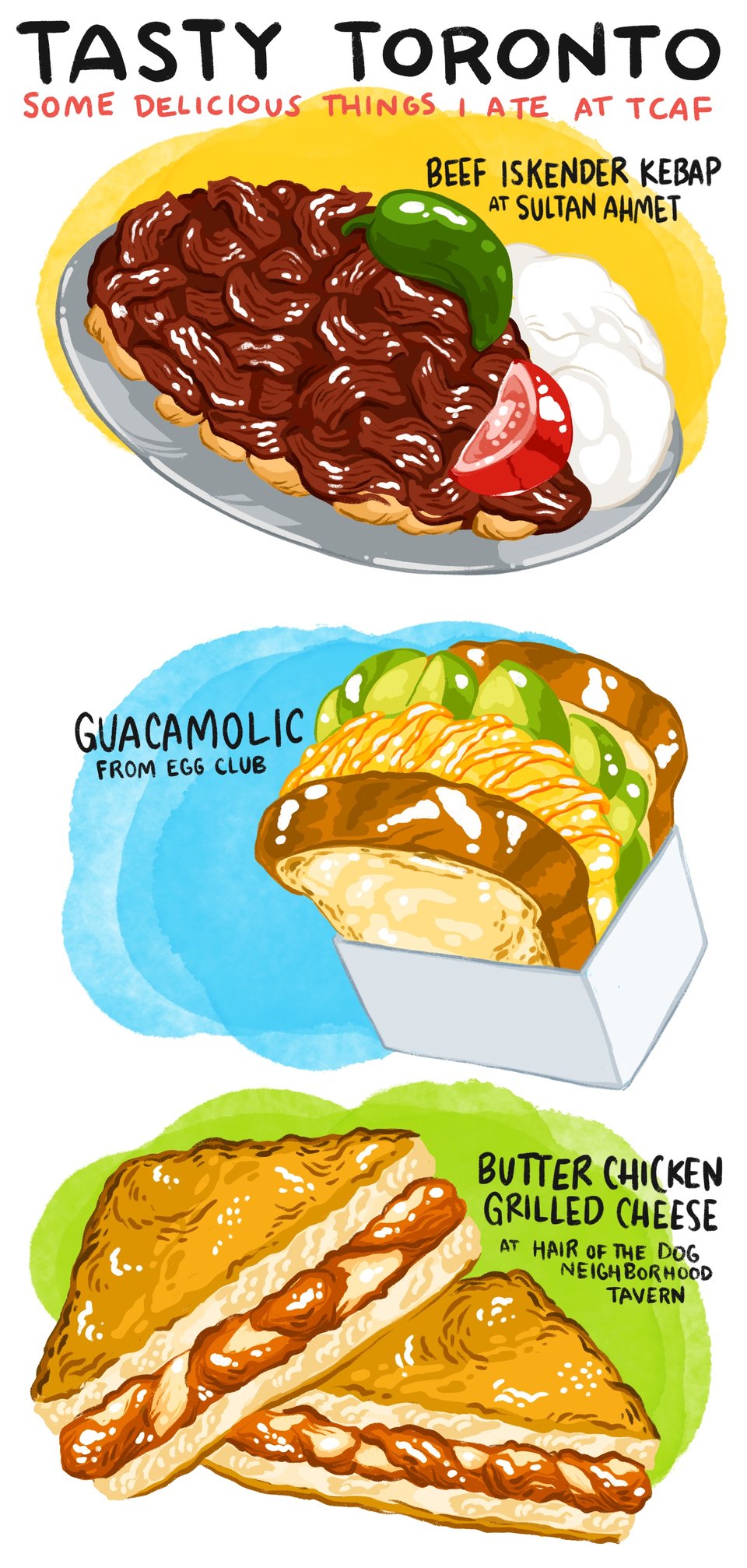 Tasty Toronto: some delicious things I ate at TCAF
Beef Iskender Kebap from Sultan Ahmet
Guacamolic from Egg Club
Butter chicken grilled cheese from hair of the dog