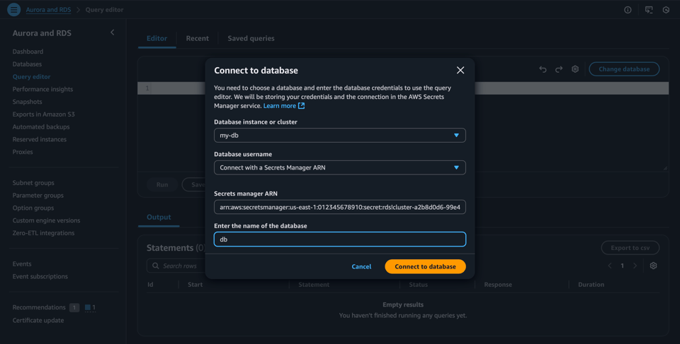 Screenshot of the AWS RDS Query Editor database connection form