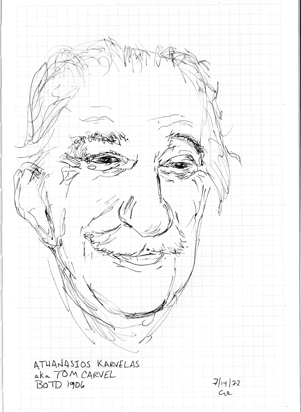 Pen sketch of Tom Carvel, dated July 14, 2022