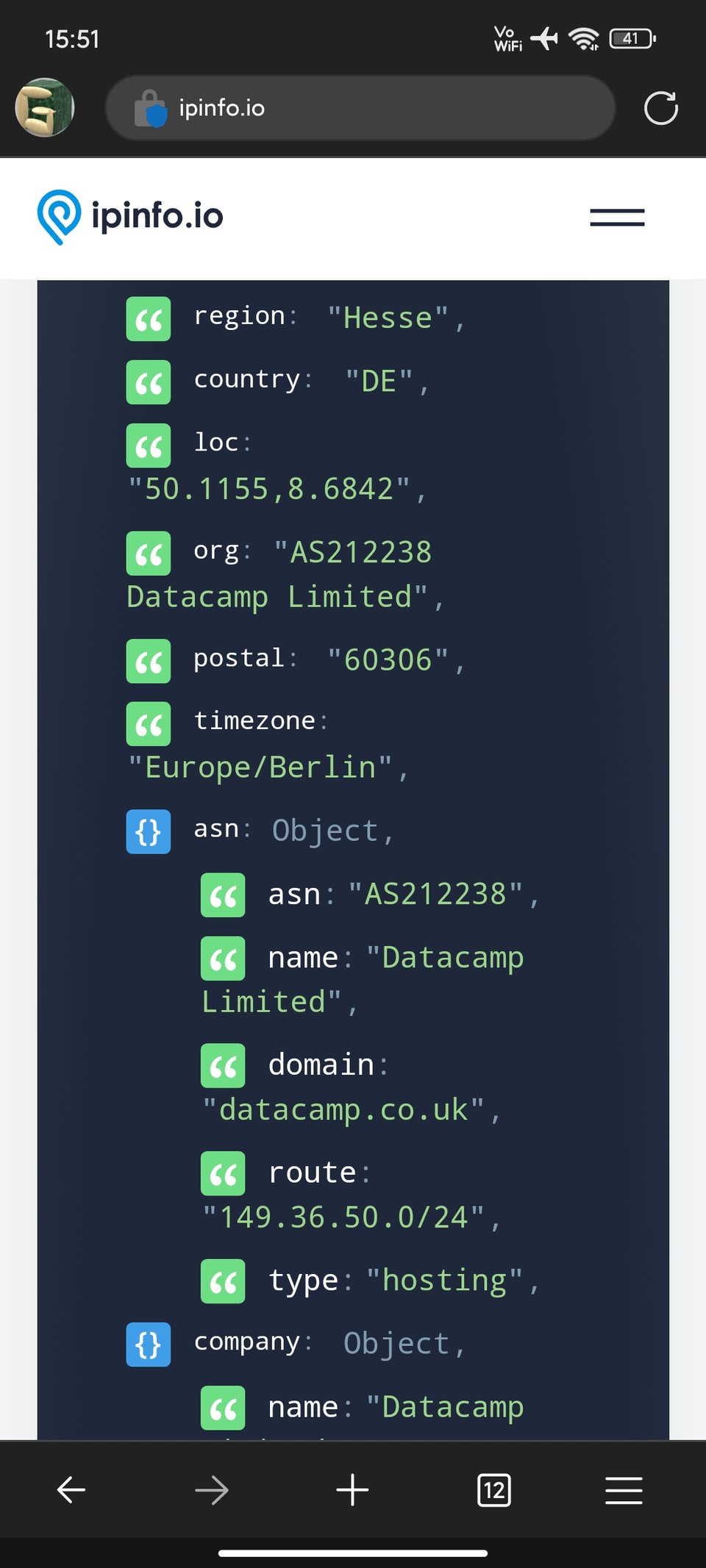 ipinfo.io website showing that I'm connected to a WiFi network which its IP address is in Germany
