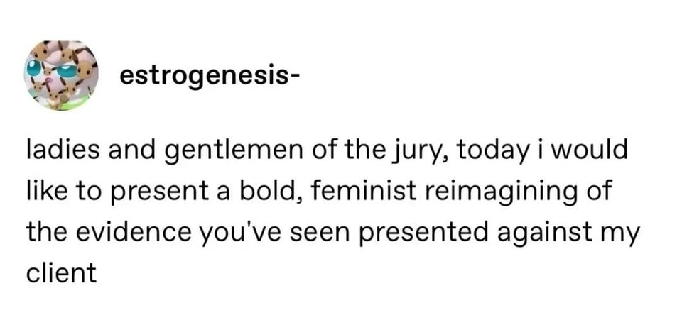 Tumblr screenshot from estrogenesis-
ladies and gentlemen of the jury, today i would like to present a bold, feminist reimagining of the evidence you've seen presented against my client