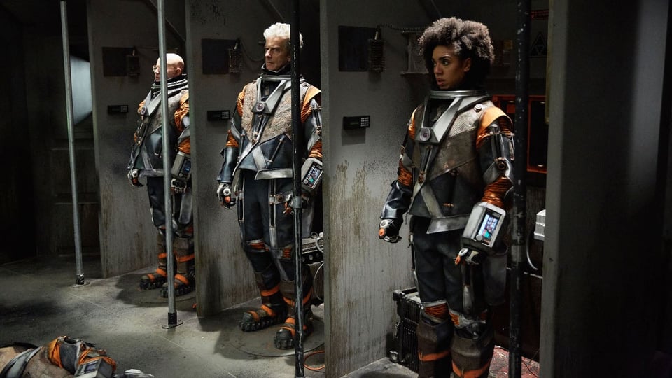 Nardole, The Doctor, and Bill suiting up.