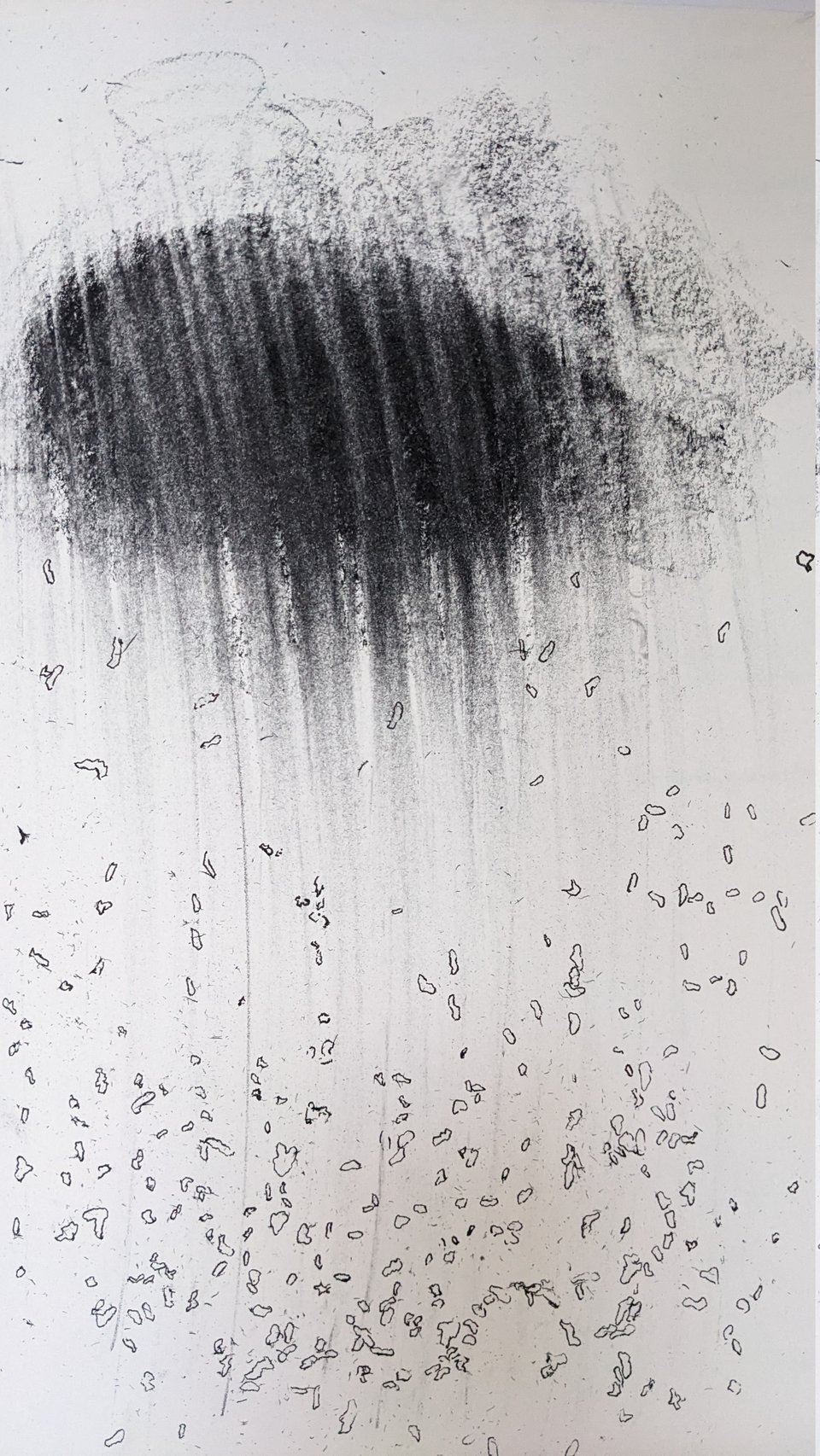 a charcoal and ink drawing depicting clouds and rain