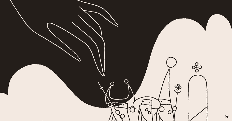 A panel shows three robed, gnome-like beings, Nōmes, drawing a sigil-like door with magic. A massive hand reaches down toward them.