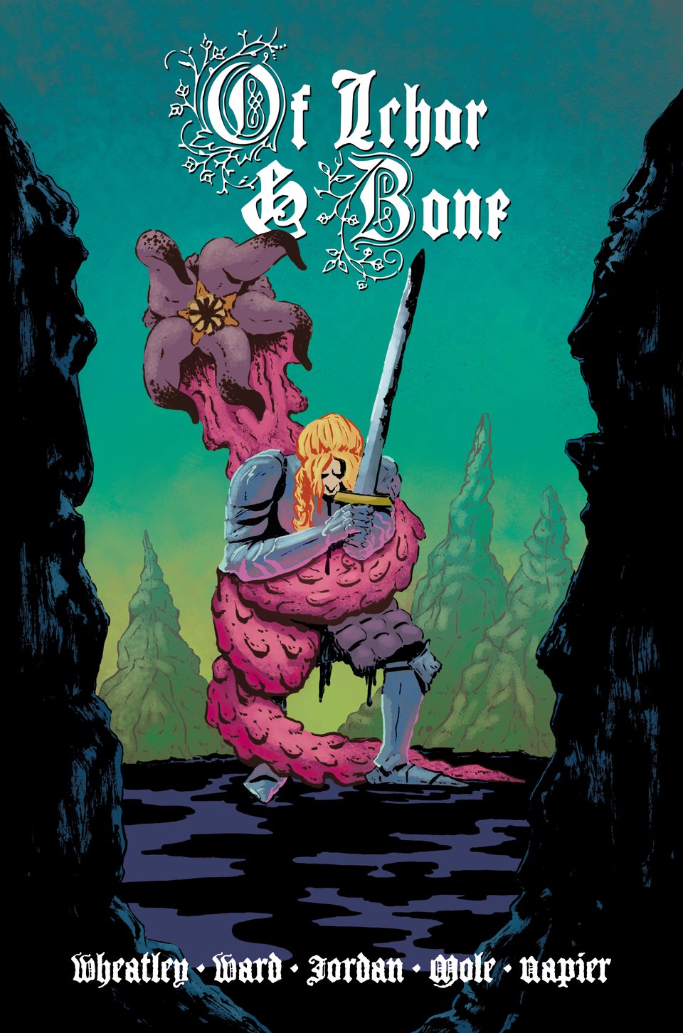 Cover for Of Ichor & Bone by Asa Wheatley, Sammy Ward, JP Jordan, Chris Mole and Claire Napier. A female knight is wrapped up by a plant-like tentacle monster.