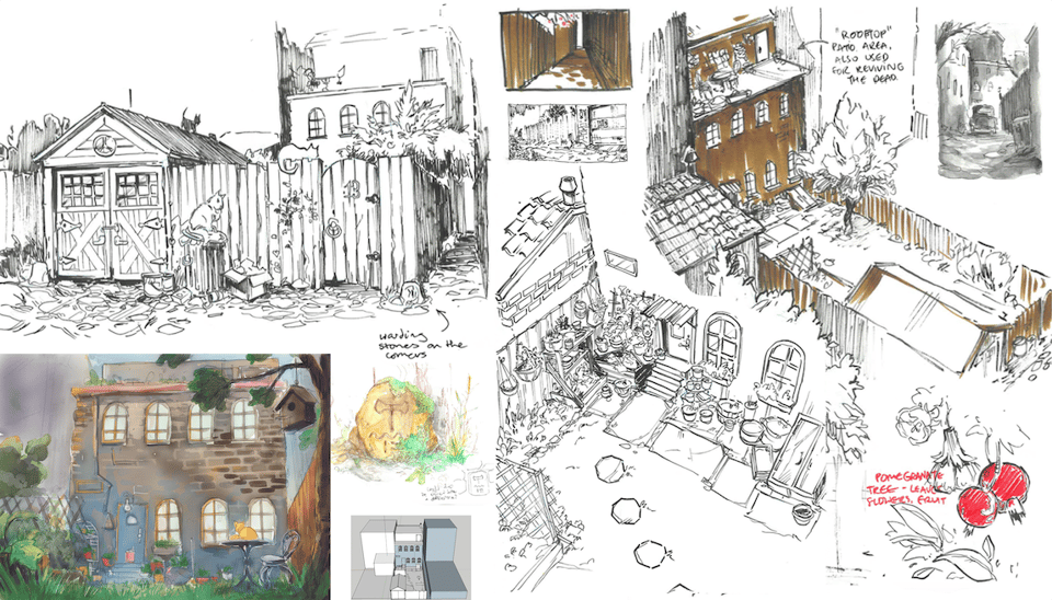 A composite page of sketches of a NY brownstone.