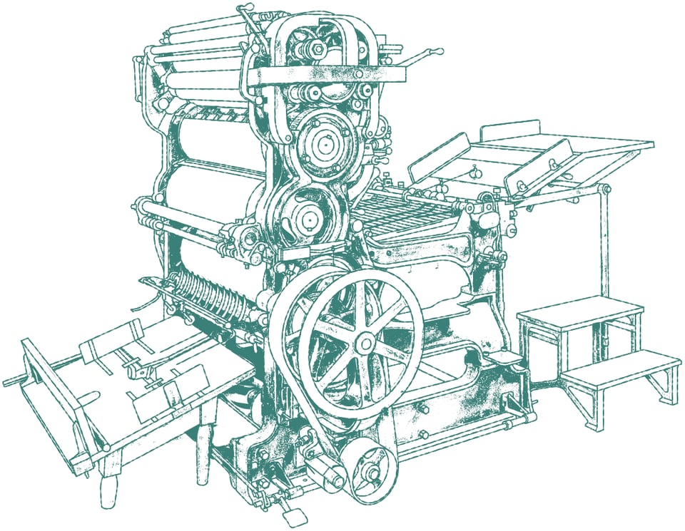Illustration of early offset printing press with a green tint. The illustration in line art style shows a stack of rollers at the top with paper feeding at right and paper collection tray at left.