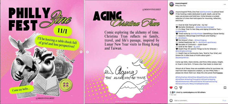 pink images advertising "a table chock full of grief and loss perspectives" curated by @moonvinegrief for Philly Zine Fest Nov 1.