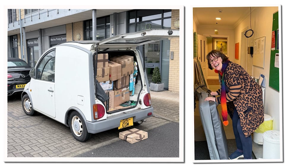 Van full of goods on left and Lynda on right