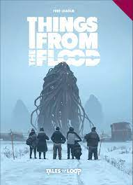 In a snowy landscape, five teens face off against a biomechanical creature, vast and towering .