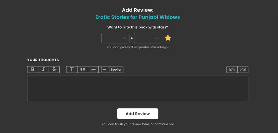 Dark-mode StoryGraph “Add Review” screen for Erotic Stories for Punjabi Widows. The page includes star rating selectors, a rich-text review input field, selectable mood tags such as dark and tense, dropdown questions about pacing and character development, and a final “Add Review” button.
