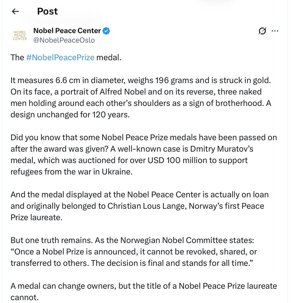 The Nobel Committee made clear that this ceremony she constructed to placate his vanity is unreal.