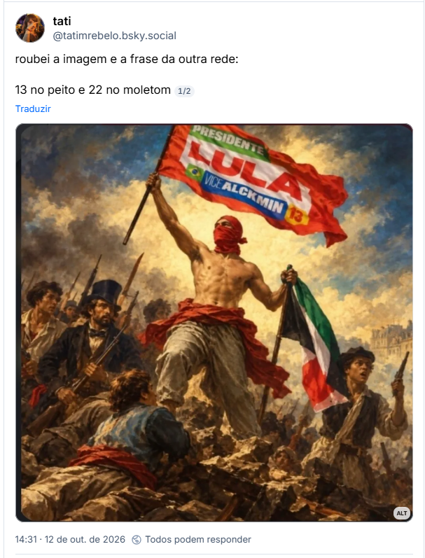 Post de tati (@tatimrebelo.bsky.social): roubei a imagem e a frase da outra rede:
13 no peito e 22 no moletom
(imagem fictícia do descamisado gostoso petista que apareceu na manifestação da Paulista segurando uma bandeira do Lula e na outra mão a bandeira da Palestina como se fosse uma pintura representando uma guerra)