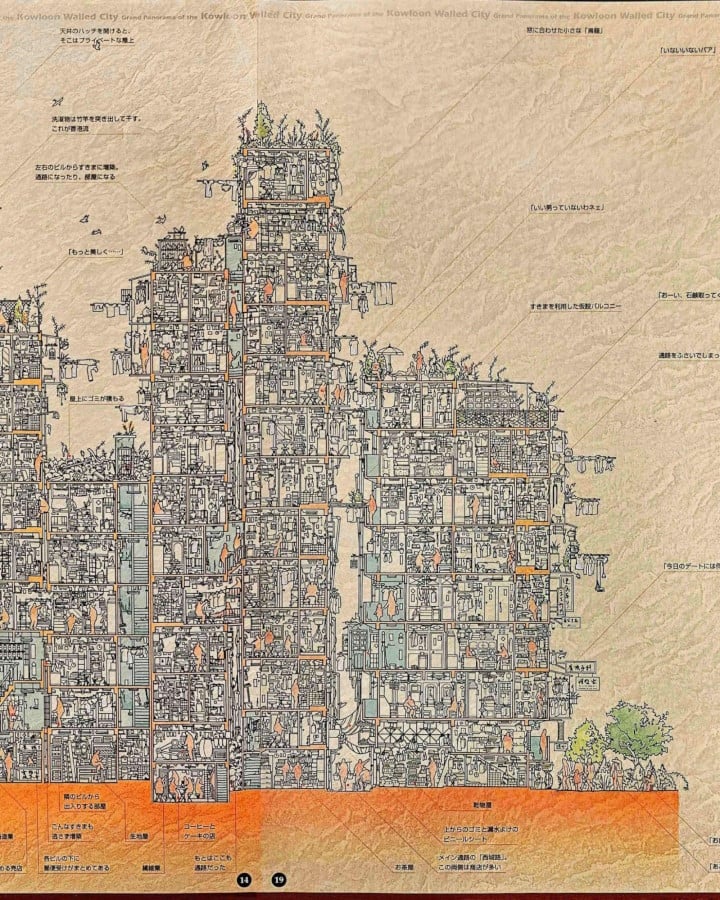 A detailed line illustration showing a cutaway view of one section of the Kowloon Walled City, including laundry hanging from and between structures, and people filling various spaces.