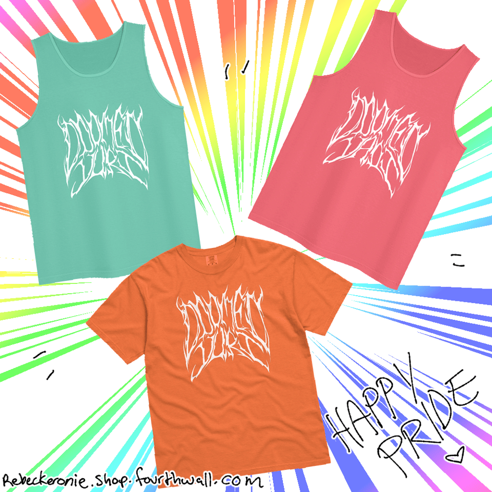 a graphic of two tanktops that say 'doomed yuri' and 'doomed yaoi' in metal font, and then a 'doomed yuri' tshirt underneath. Rainbow lines are bursting from behind them, and a shittily written "happy pride" can be seen in the corner.