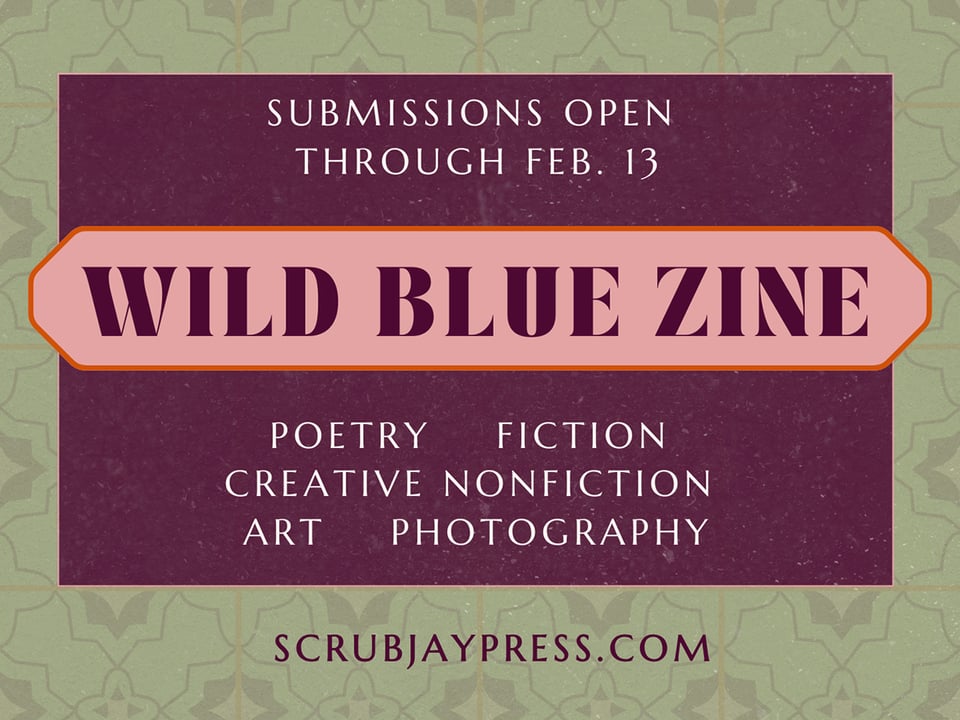 Graphic flyer with text on a magenta and green backdrop. Text reads: Wild Blue Zine, submissions open through Feb. 13, poetry, fiction, creative nonfiction, art, photography, scrubjaypress.com