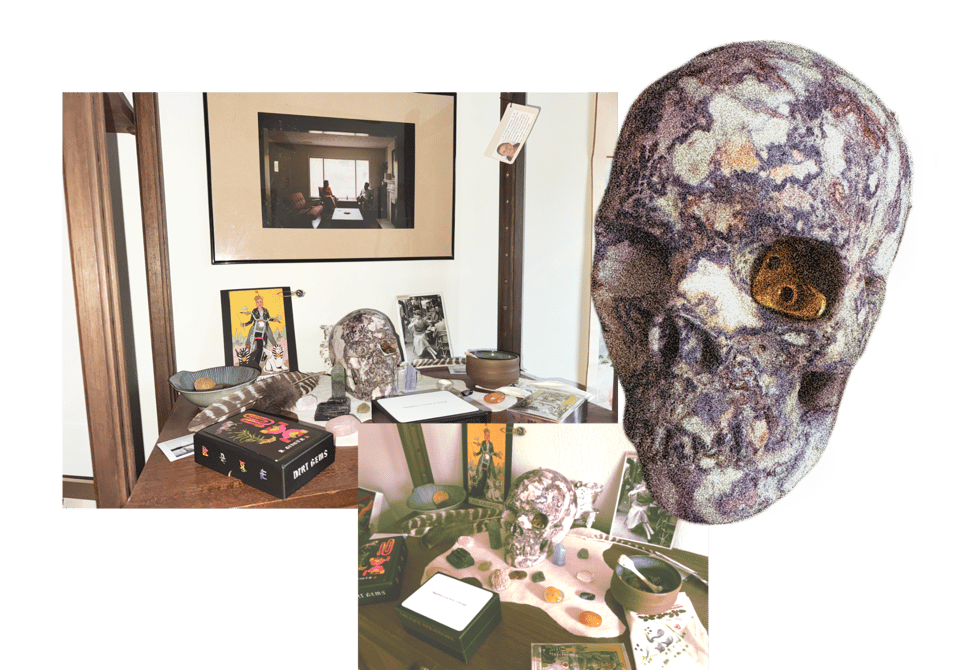 Three collaged photos of an altar with a stone skull, rocks, cards, and other trinkets.