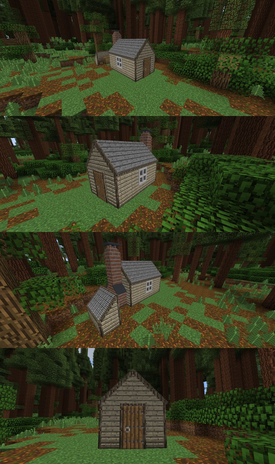 A cabin surrounded by forest, all made from blocks.