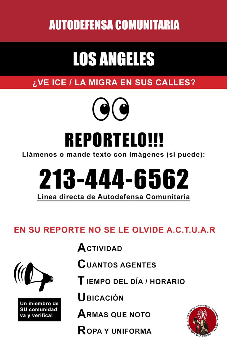 Flyer saying to call 213-444-6562 to report ICE sightings in Spanish