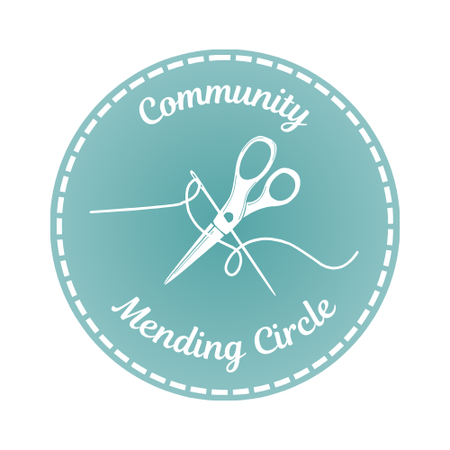 The Community Mending Circle logo: a light aqua circle with a dashed border, featuring a needle, thread, and a pair of scissors crossed in the center.